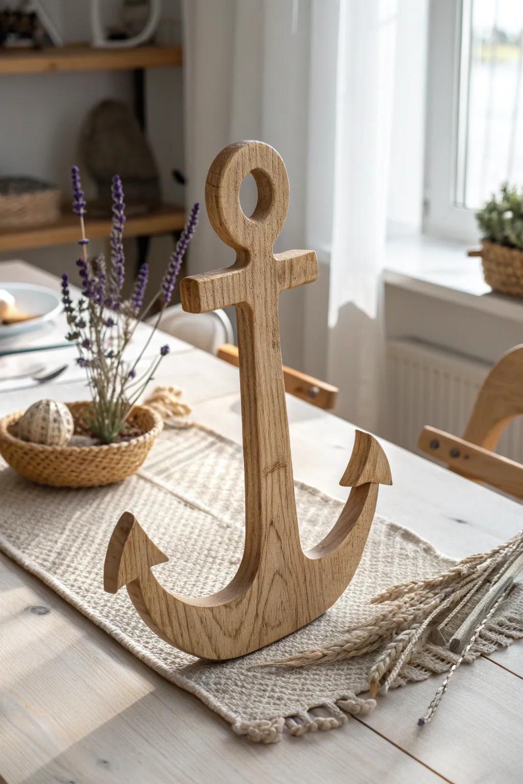 Add a touch of coastal charm to your home with this handcrafted wooden anchor centerpiece.