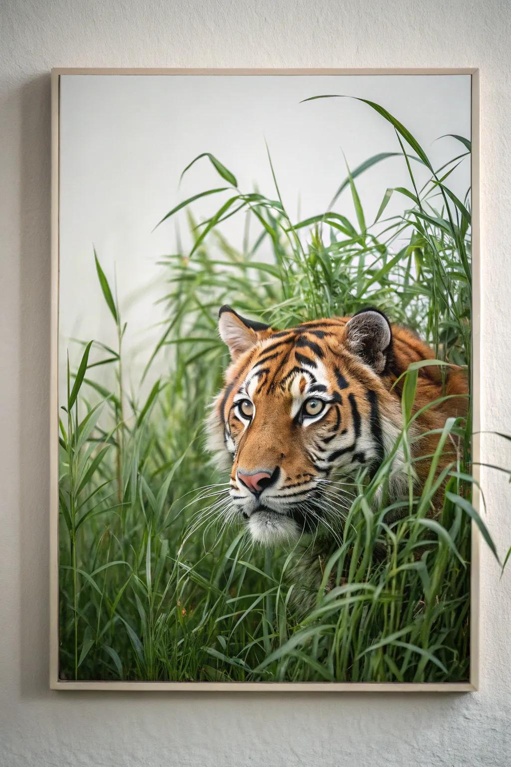 Embrace the wild beauty: A minimalist take on a tiger in the tall grass.