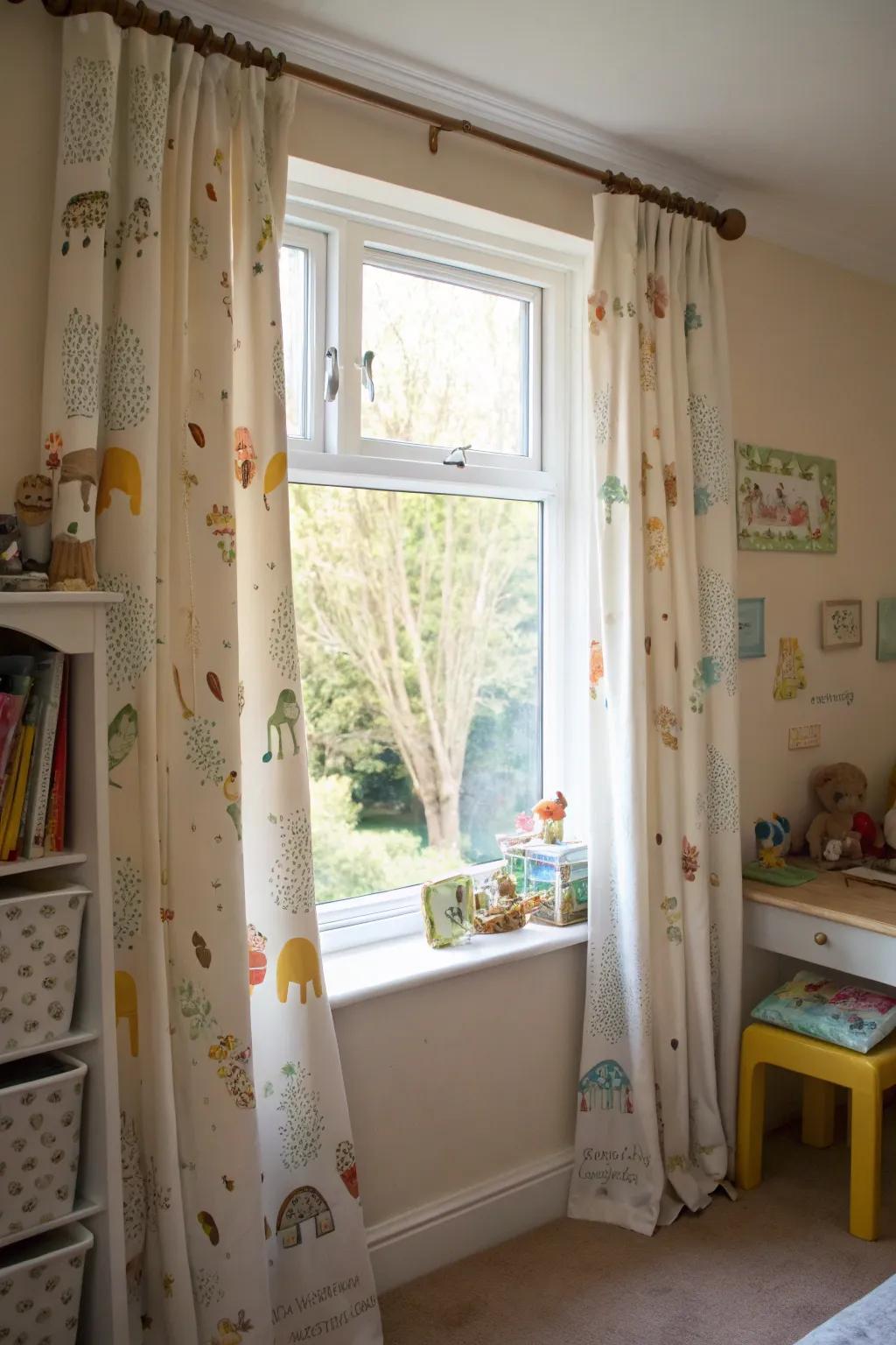 Animal-patterned curtains add charm and function.