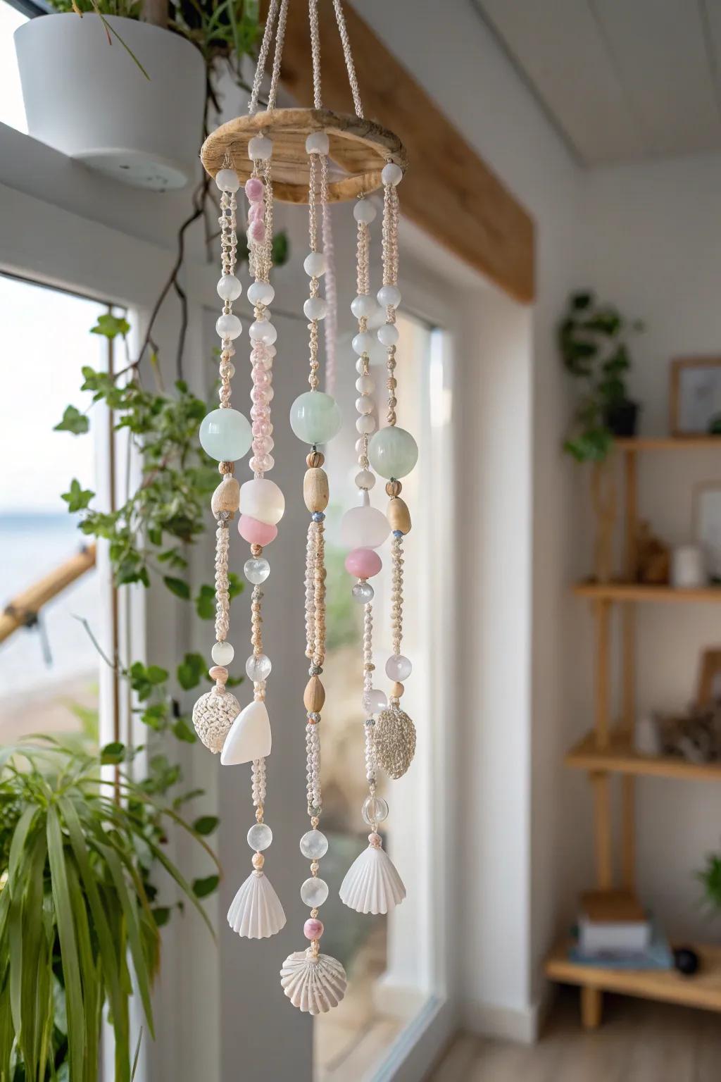 Embrace tranquility with a handmade beaded wind chime, where simplicity meets elegance.