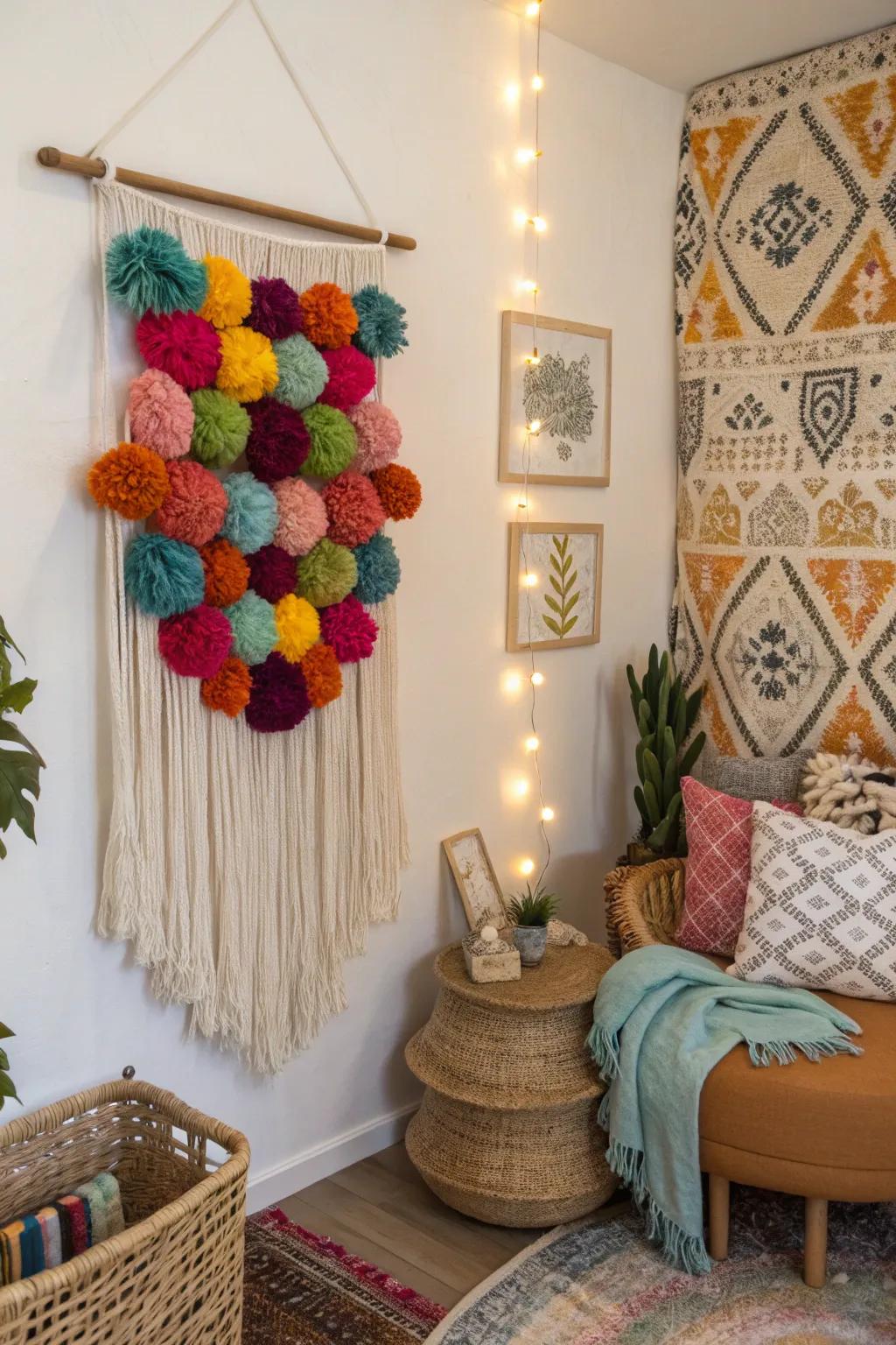 A playful pom-pom wall hanging, perfect for adding color to any space.