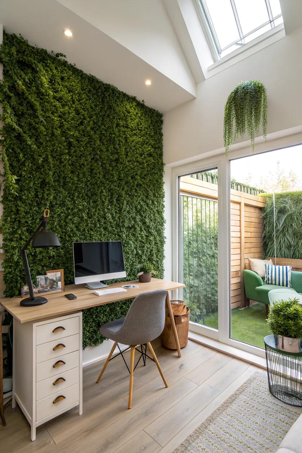 Enhance your home office with calming artificial hedge greenery.