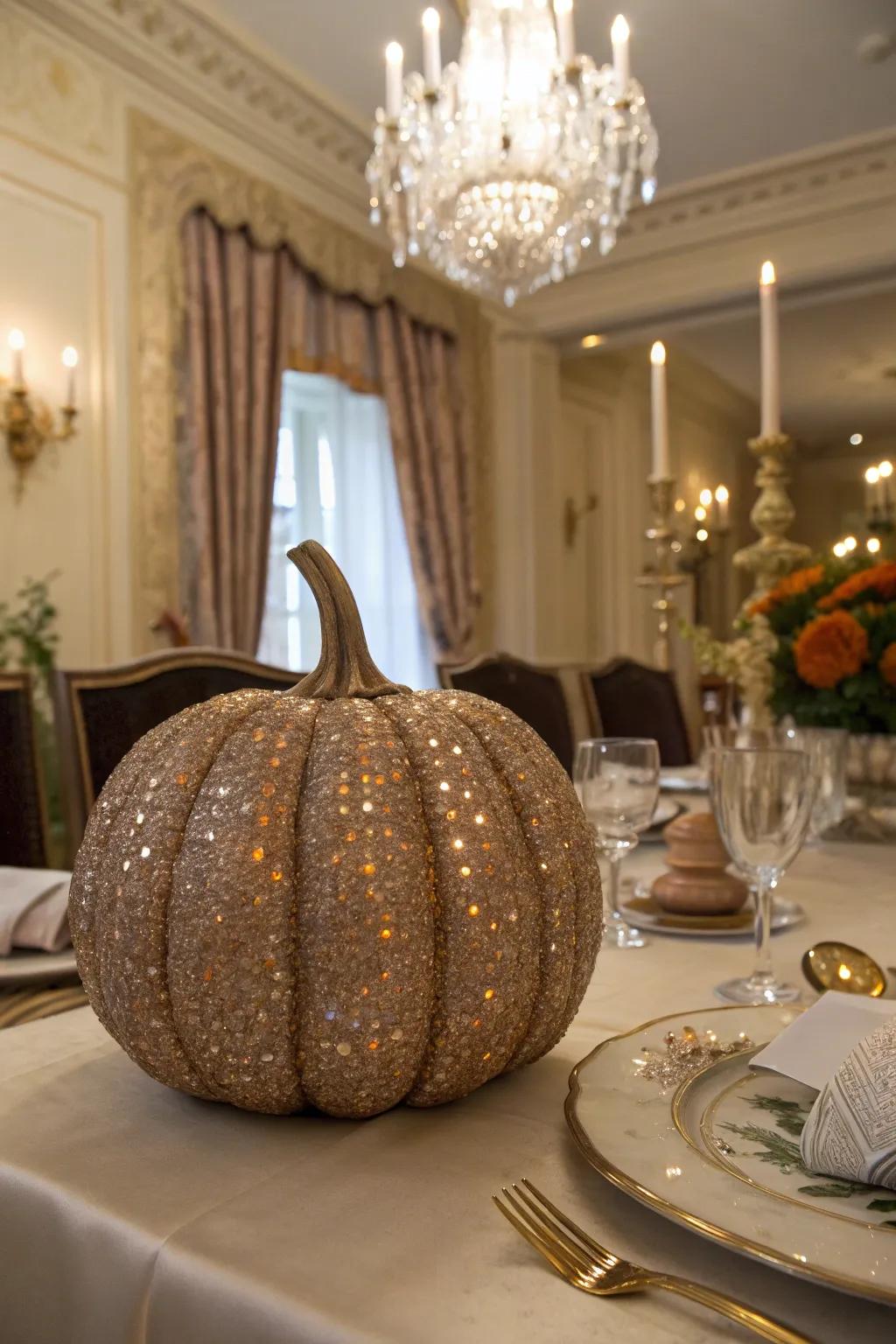 A sequin-covered pumpkin providing a glamorous sparkle to home décor.