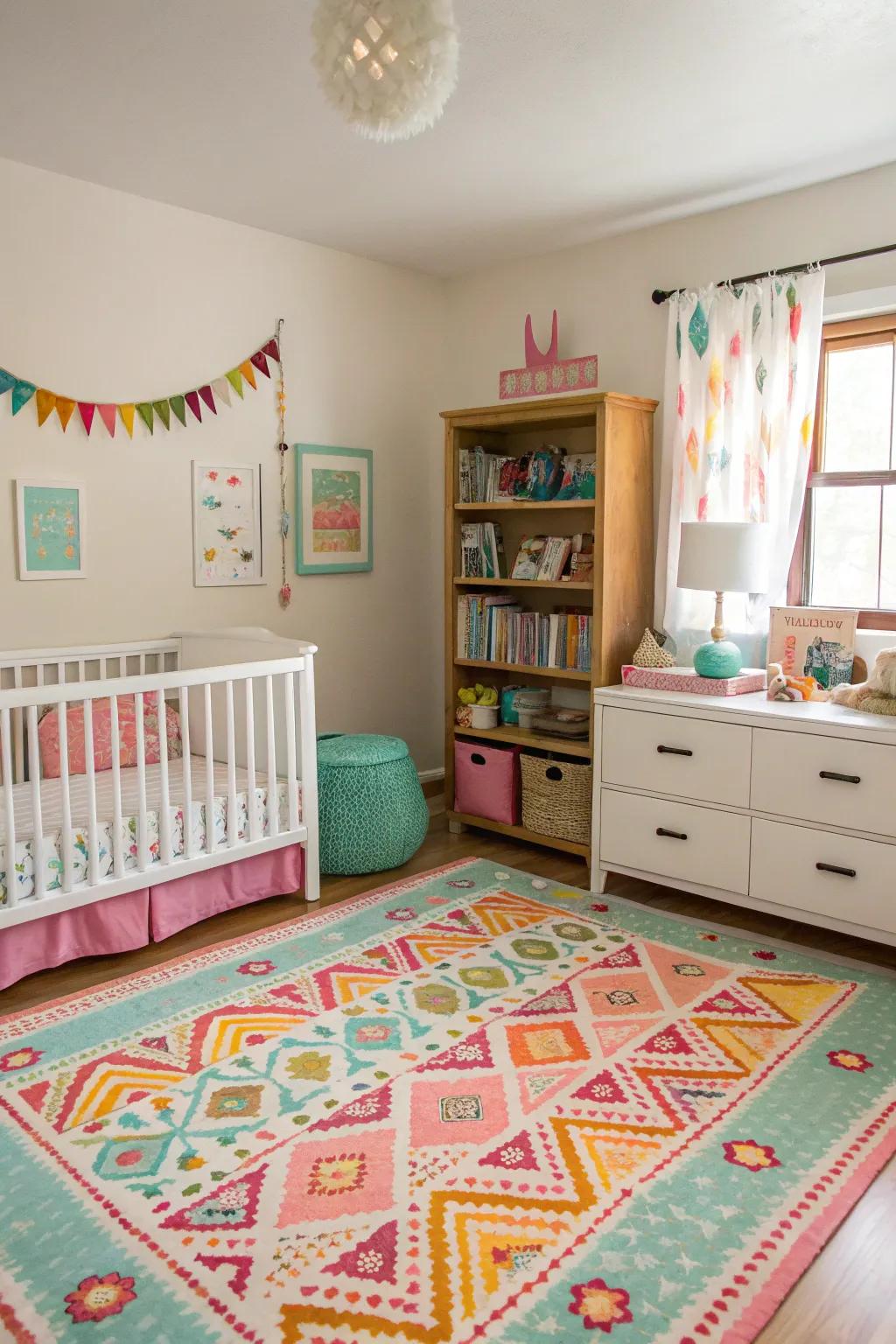 A statement rug adds color and defines the space in a nursery.