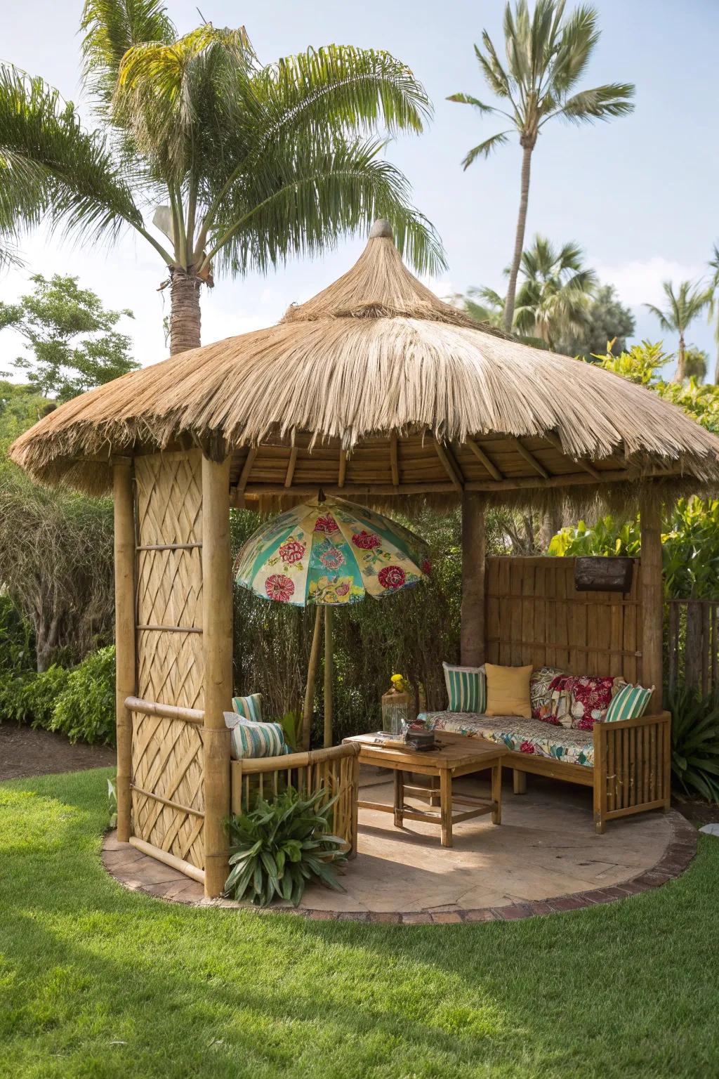 Tiki umbrellas offer stylish shade for sunny days.