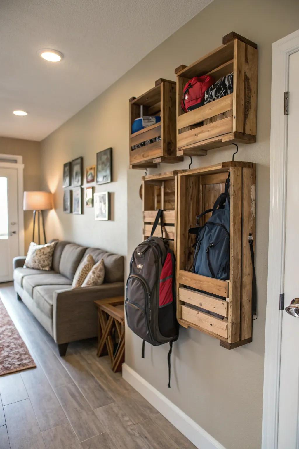 Floating crates offer rustic and functional backpack storage.