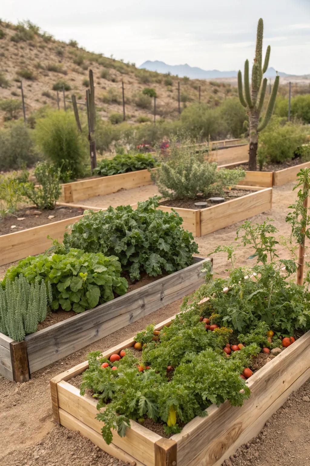 Raised garden beds allow for efficient water use and add greenery to desert landscapes.