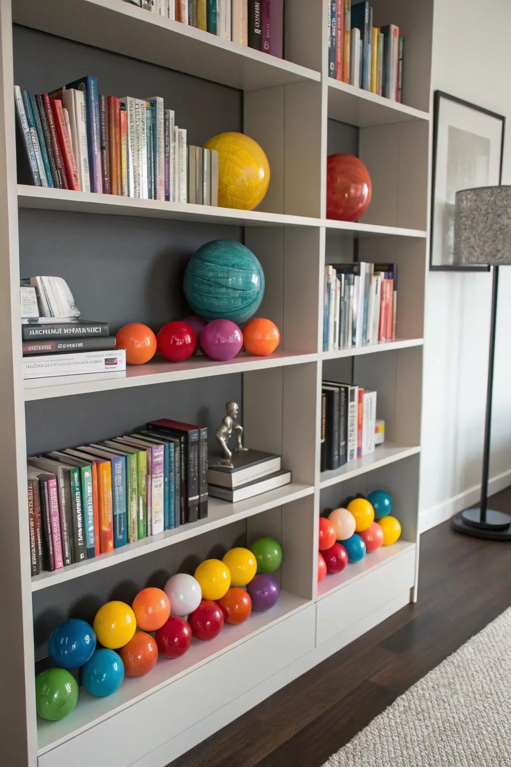 Enhance your shelving with ball art decor.