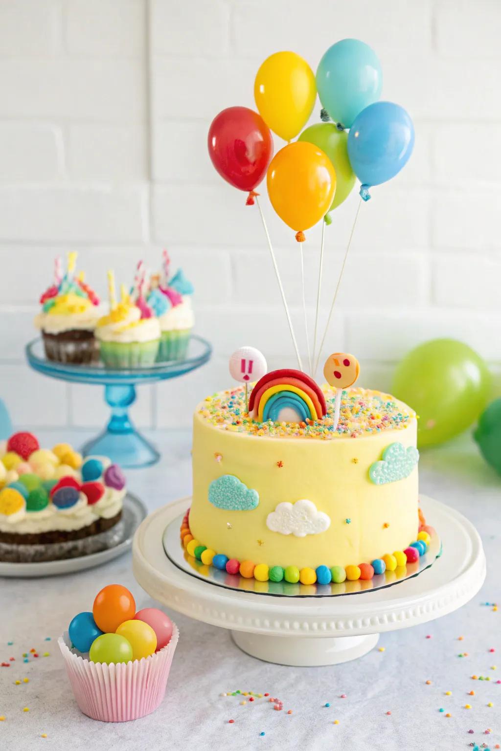 A cake adorned with playful balloon toppers.