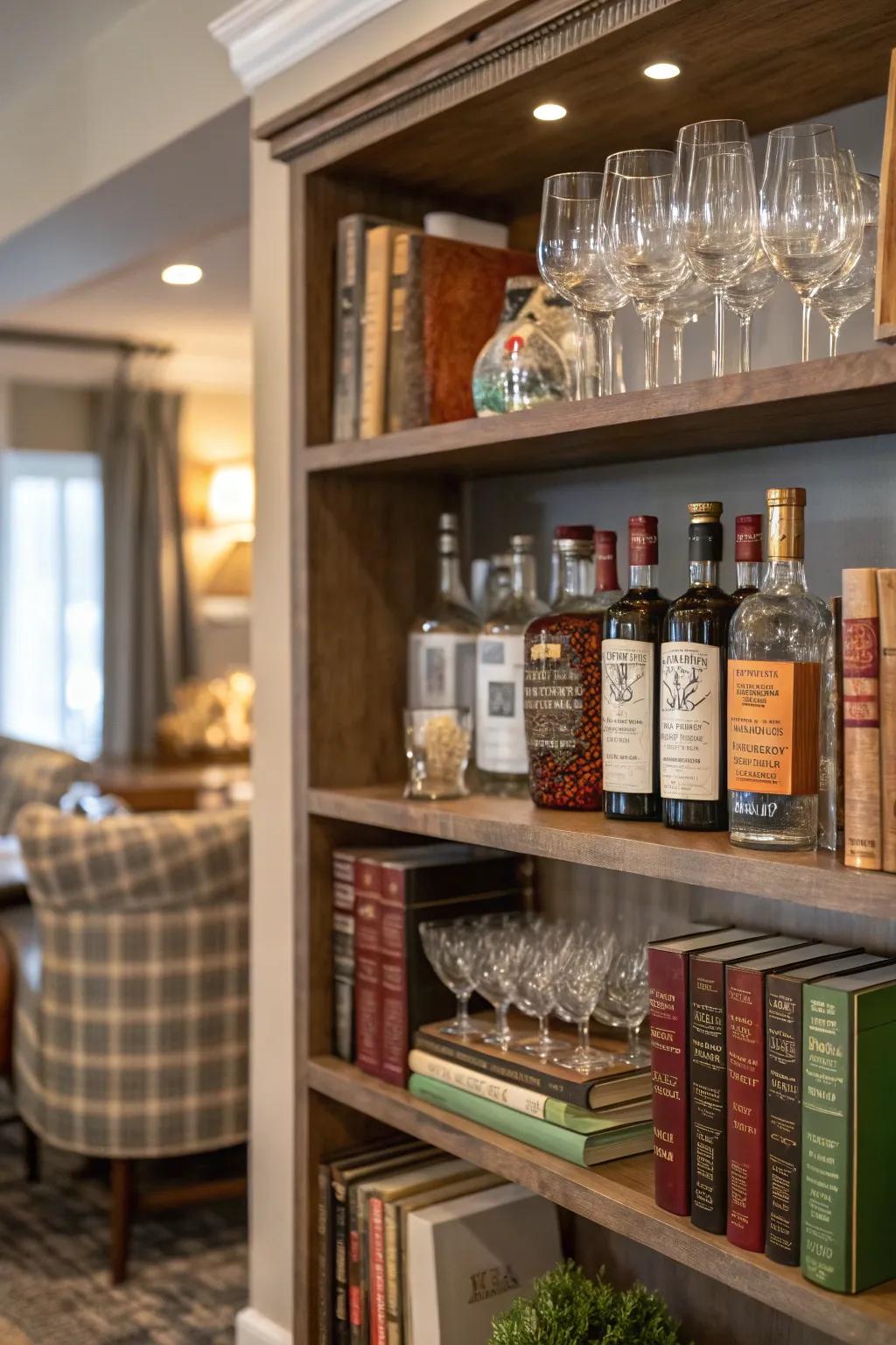 Transform bookshelves into unique bar spaces.