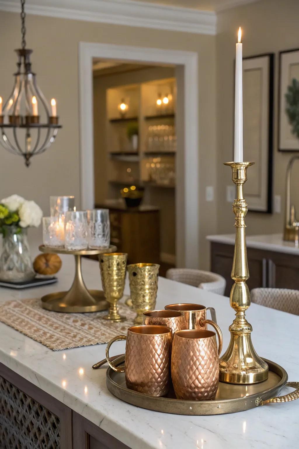 Metallic accents add a touch of glam to this bar table.