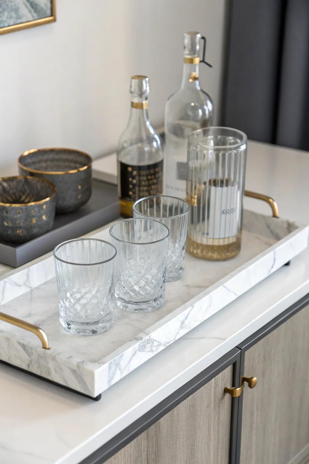 Achieve minimalist glamour with a marble tray setup.