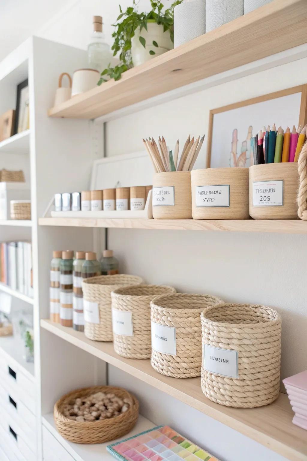Embrace the beauty of organized chaos with minimalist art supplies storage, where creativity finds its home.