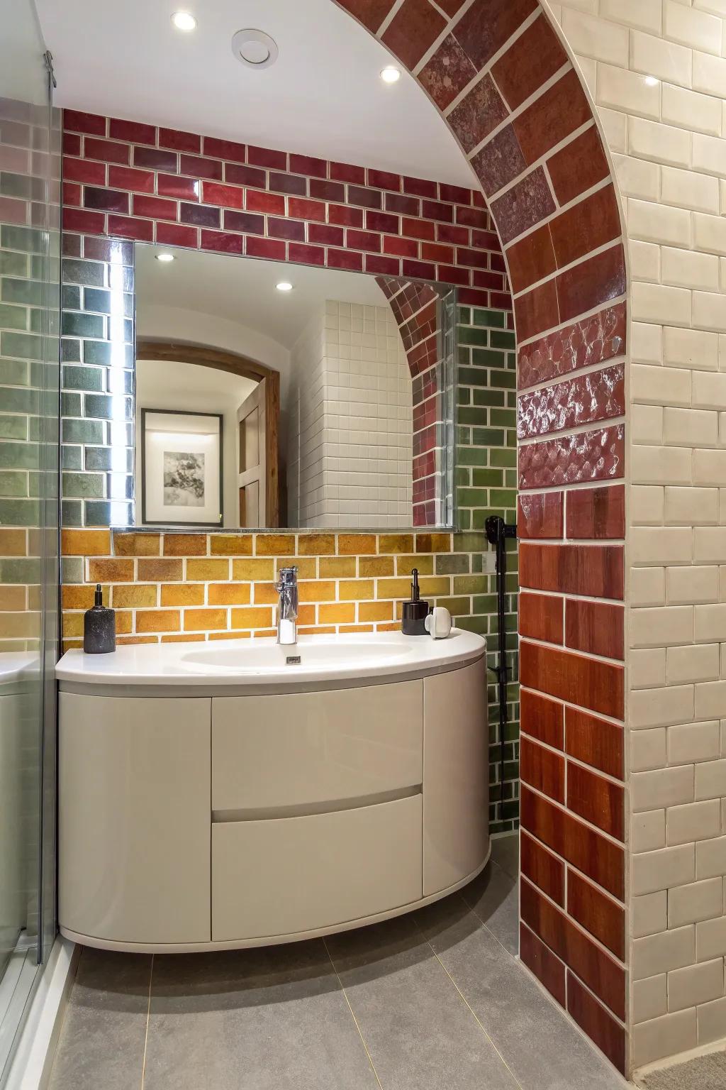 A curved washstand in an alcove adds softness and visual interest.