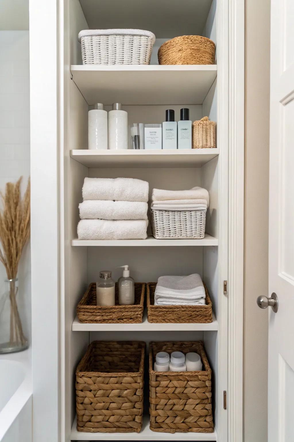 Open shelving creates a modern and airy feel in your bathroom closet.