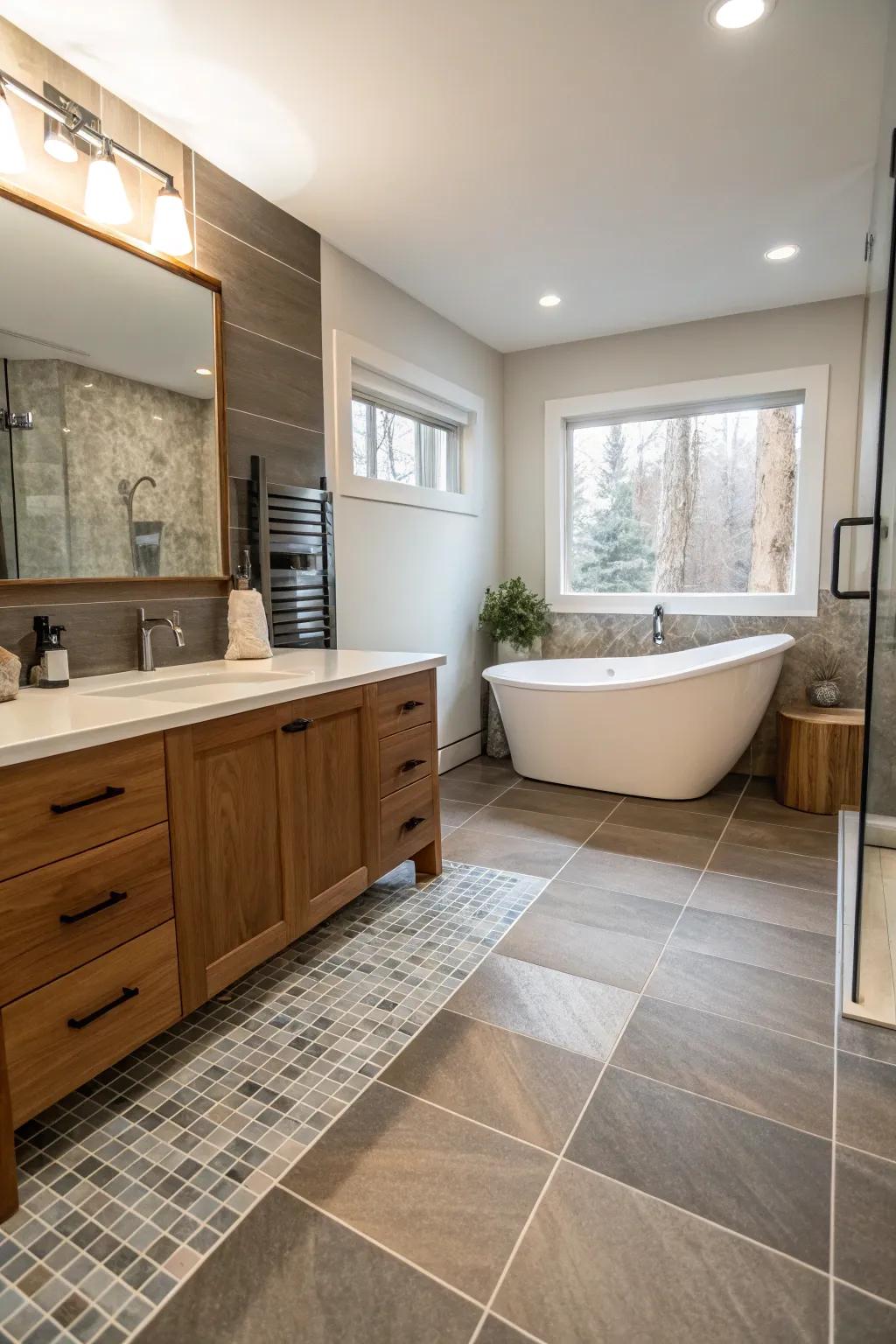 A bathroom using varied flooring to create distinct zones.