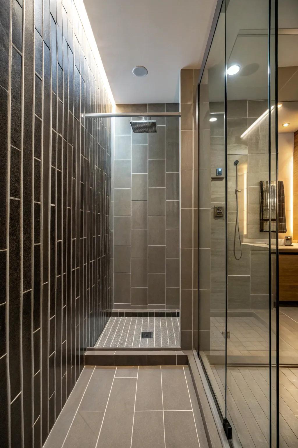 Vertical lines enhance the height and spaciousness of the shower.