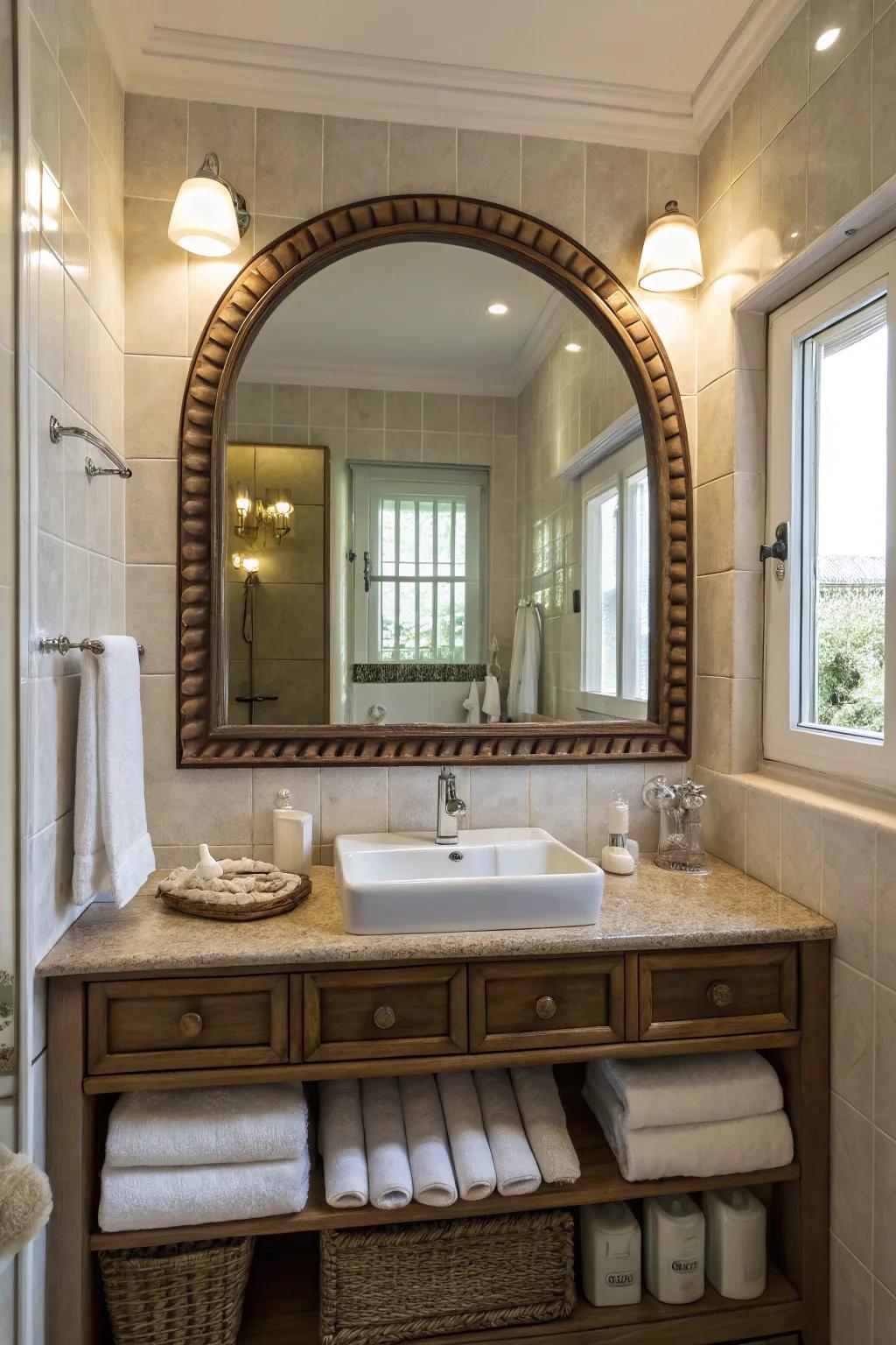 An arched mirror adds elegance and height to this narrow bathroom.