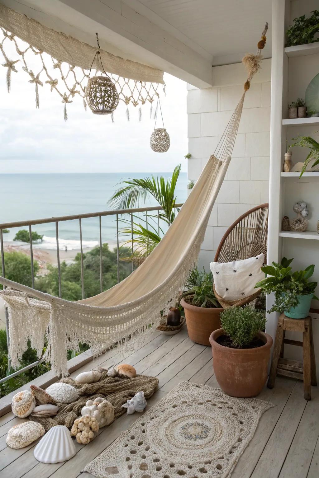 A hammock provides a playful and serene retreat on your balcony.