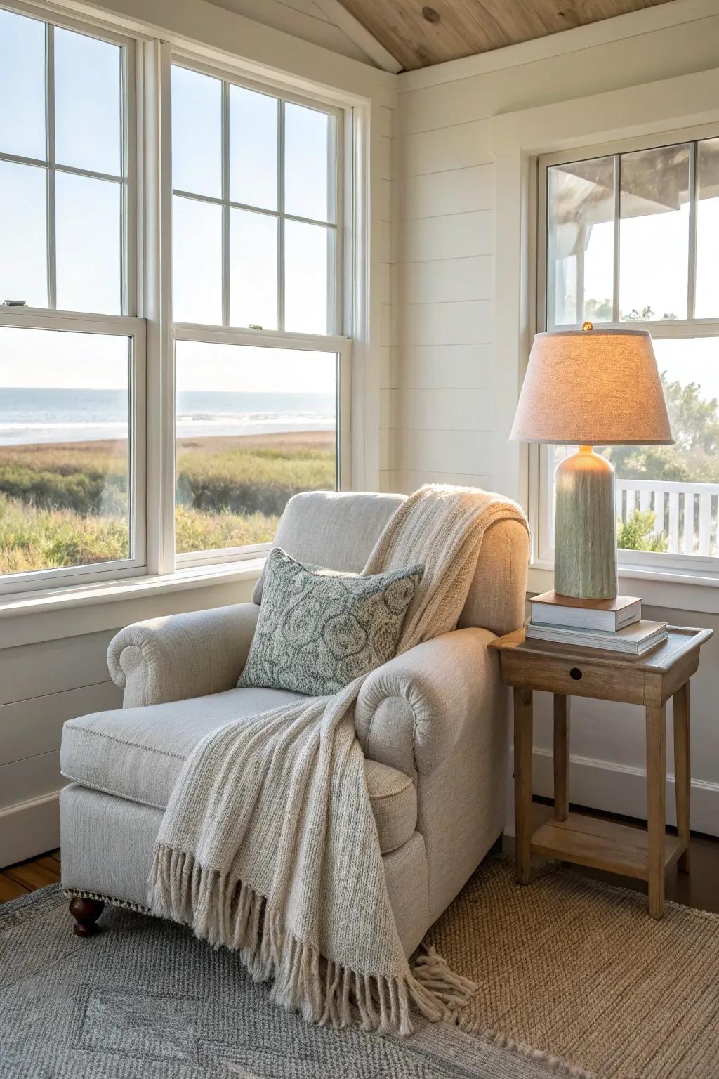 A cozy reading nook provides a perfect escape in this beach house.