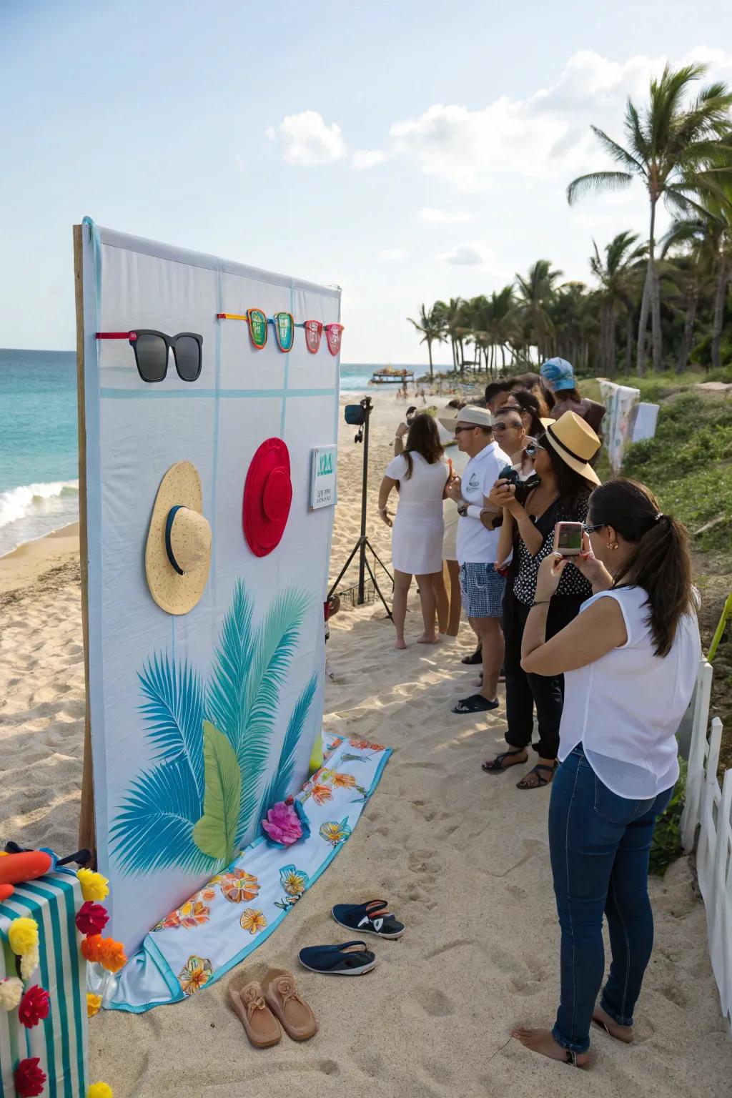 A fun beach-themed photo booth for capturing party moments.