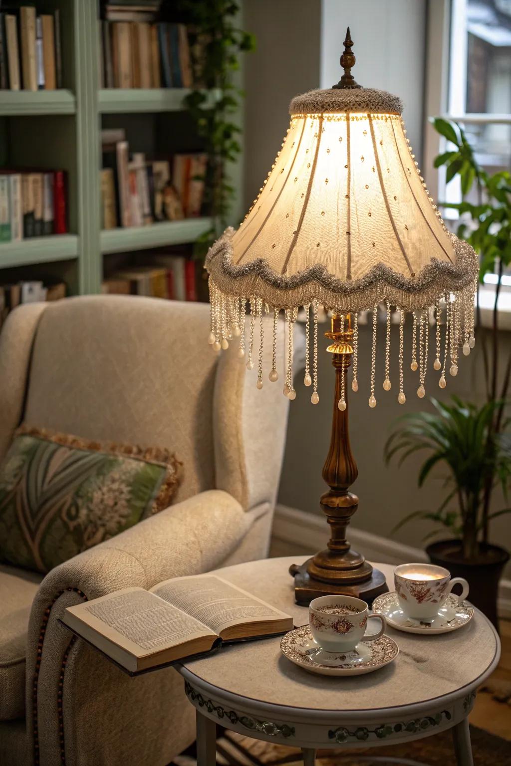 A bead-enhanced lampshade casting a warm glow in the reading nook.