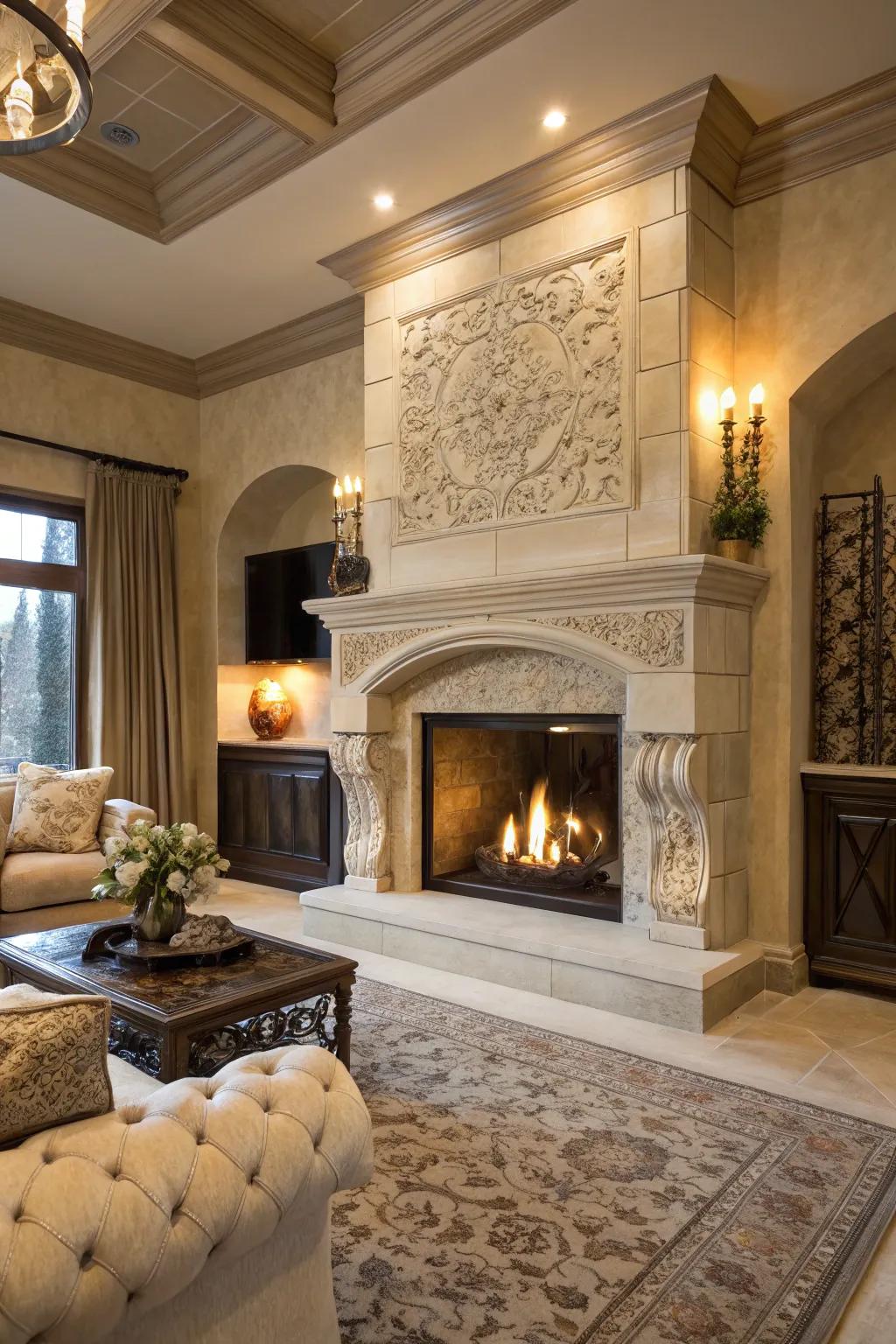 A statement fireplace becomes the dramatic centerpiece of this living room.