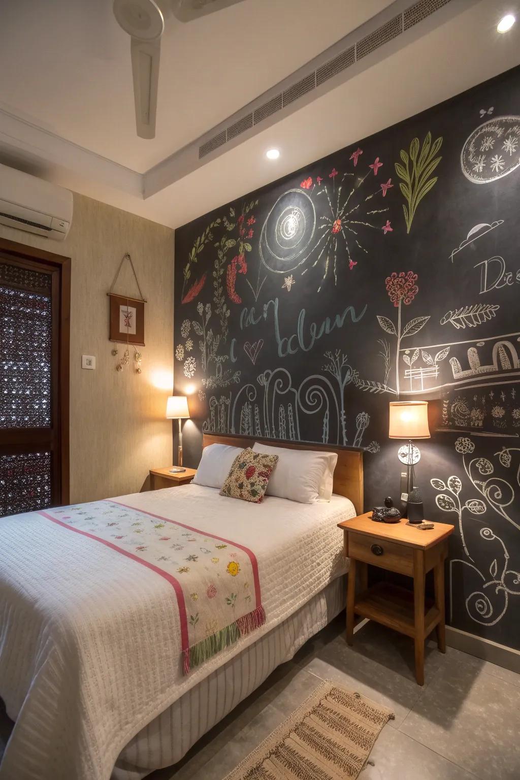 A playful bedroom with a chalkboard wall backdrop.