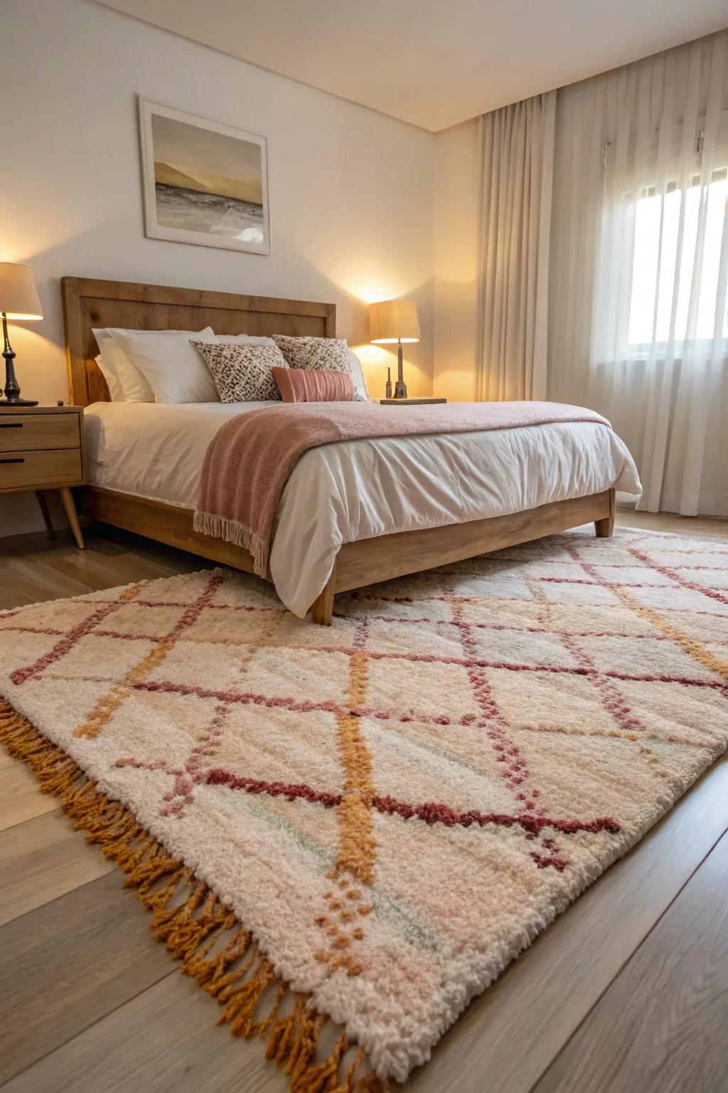 A well-placed rug adds warmth and cohesion to this bedroom.