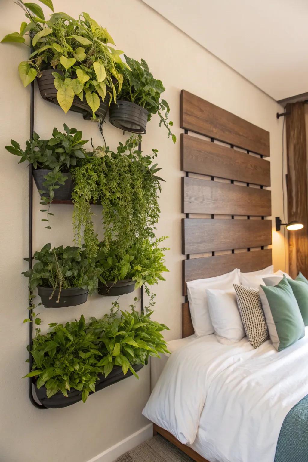 Wall-mounted planters add life and color to bedroom walls, enhancing the ambiance.