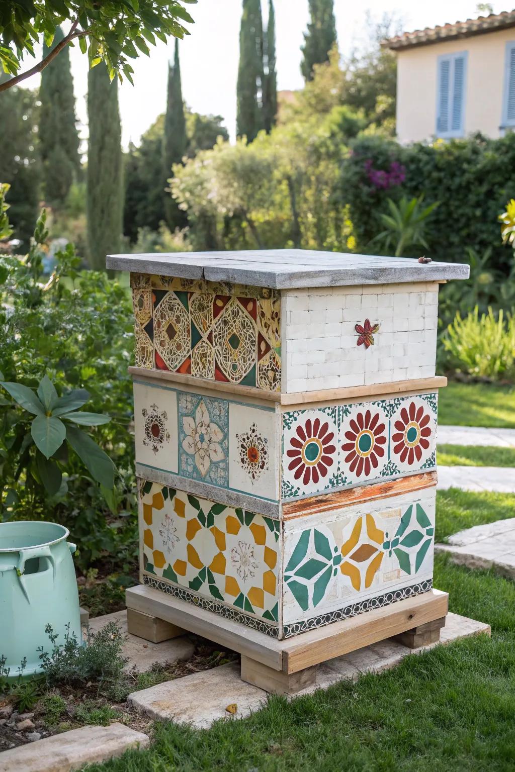 A culturally inspired bee hive with intricate Moroccan tile patterns.