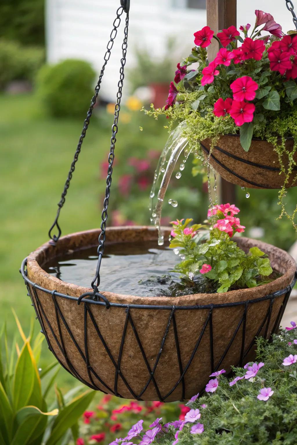 A hanging basket transformed into a convenient bee watering station.