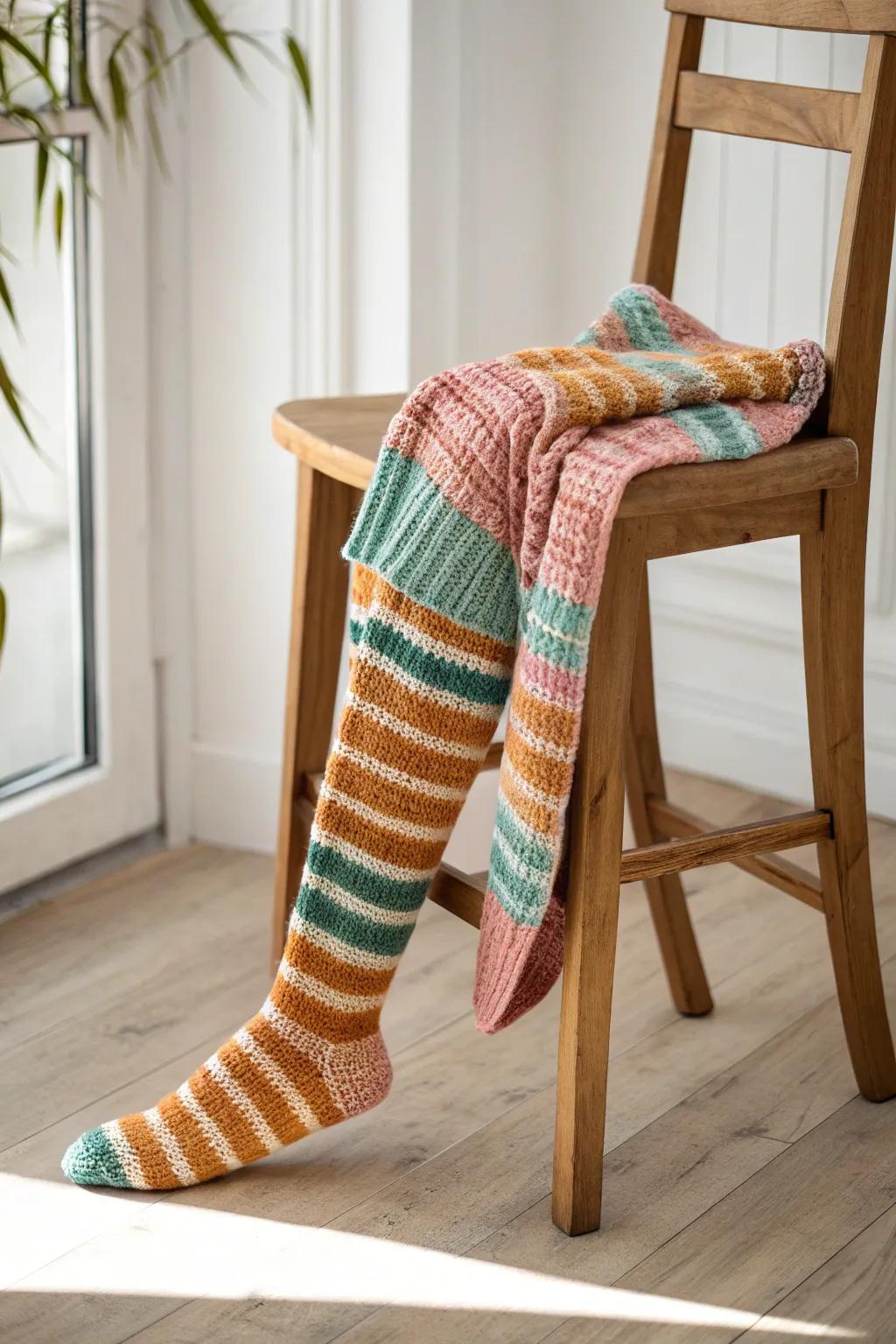 Cozy up in style with these vibrant leg warmers, a perfect blend of comfort and craftsmanship.