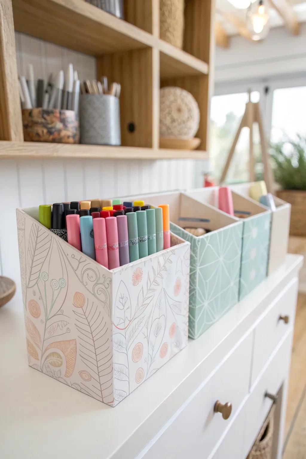 Transform cereal boxes into chic marker storage – a sustainable and stylish solution!