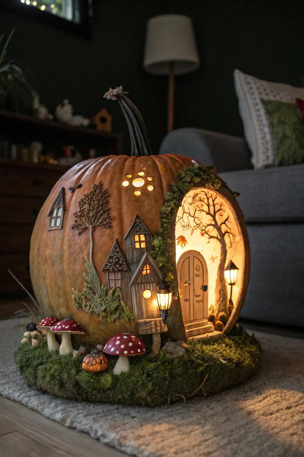 A charming fairy garden pumpkin, creating a whimsical autumn display.