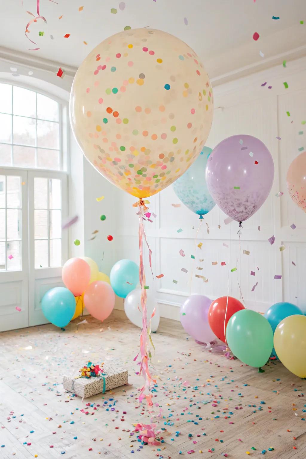 A burst of confetti from popped balloons, creating a thrilling moment at a birthday party.