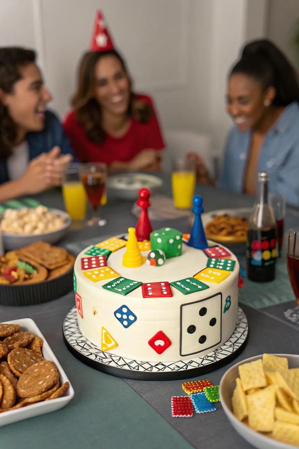 A cake themed after classic board games, perfect for a playful gathering.