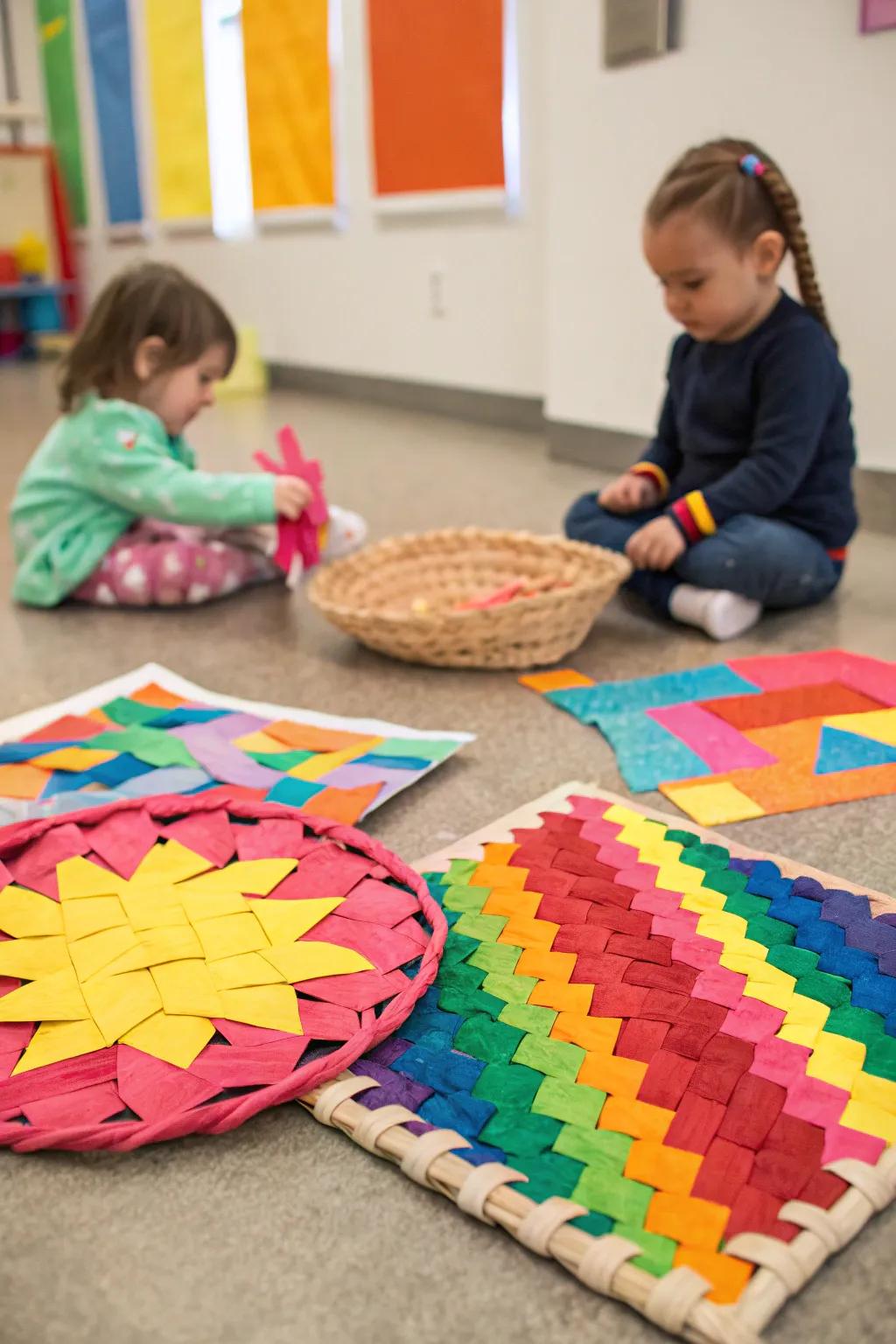 Vibrant woven paper art, a proud achievement for young crafters.