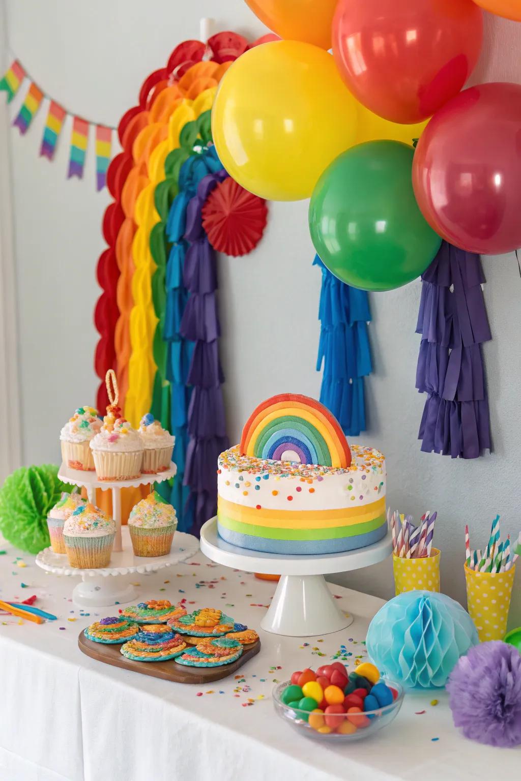 A rainbow-themed party with colorful decorations and a cake.