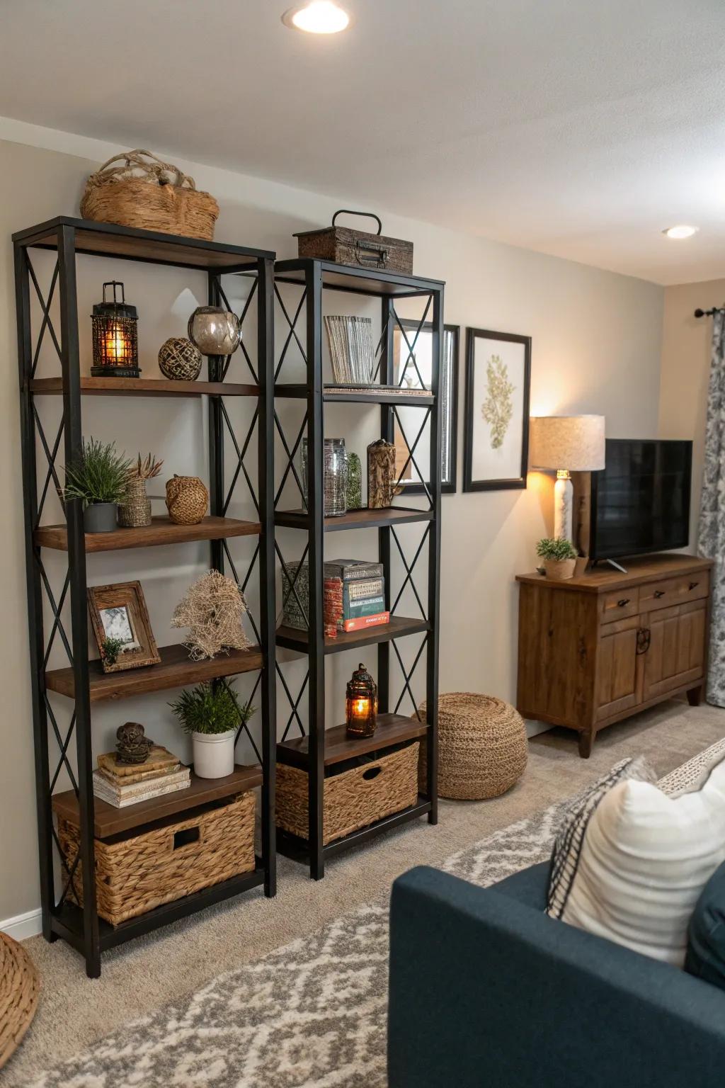 Shelving units provide both style and storage.