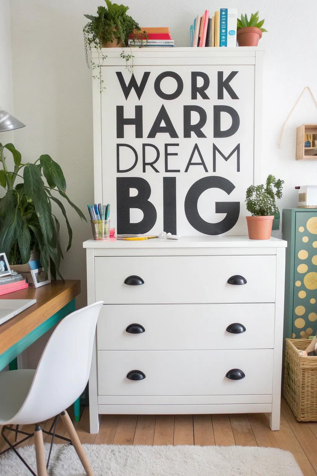 Bold typography on a dresser adds style and inspiration to a home office.