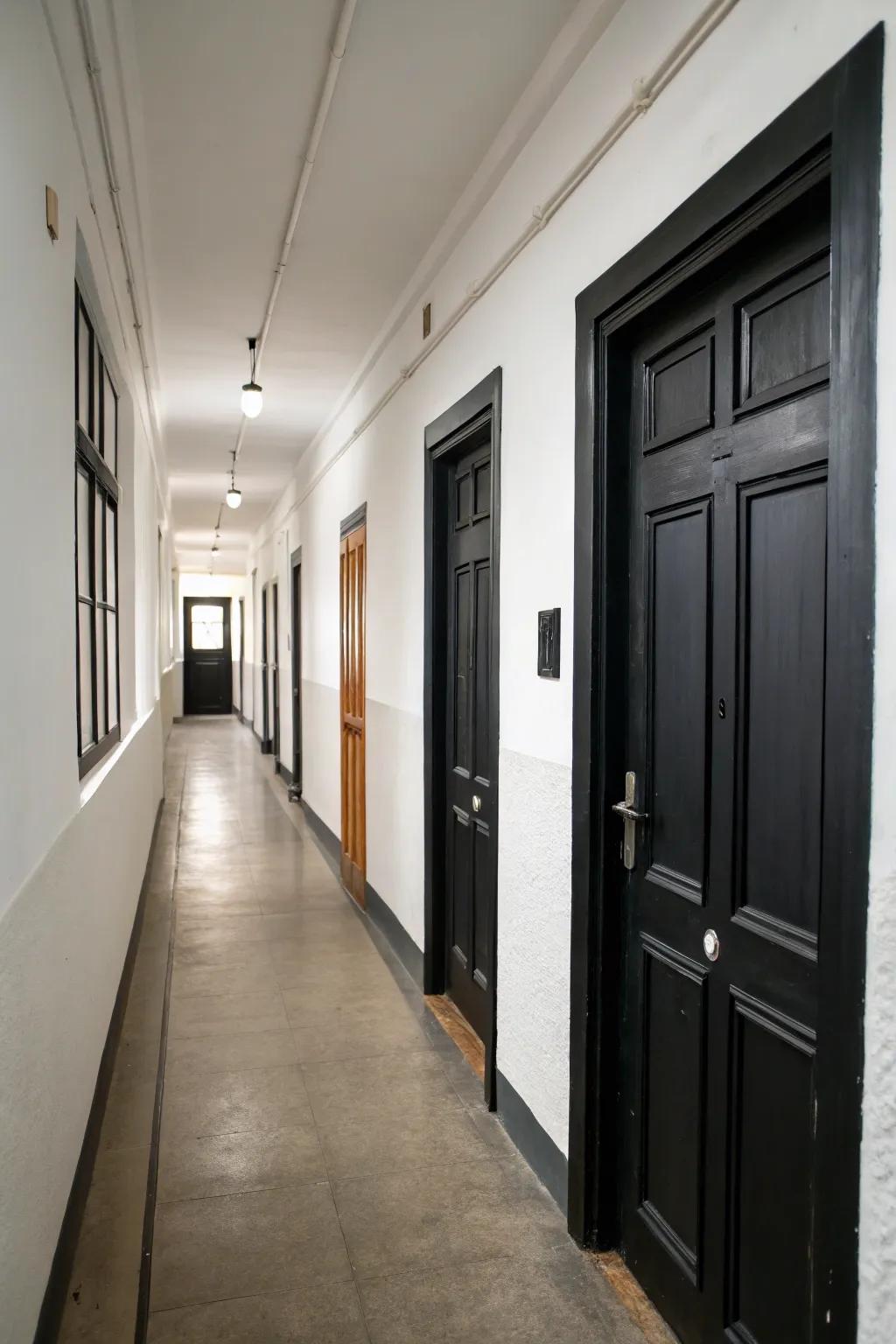 Black doors add elegance and sophistication to this hallway.