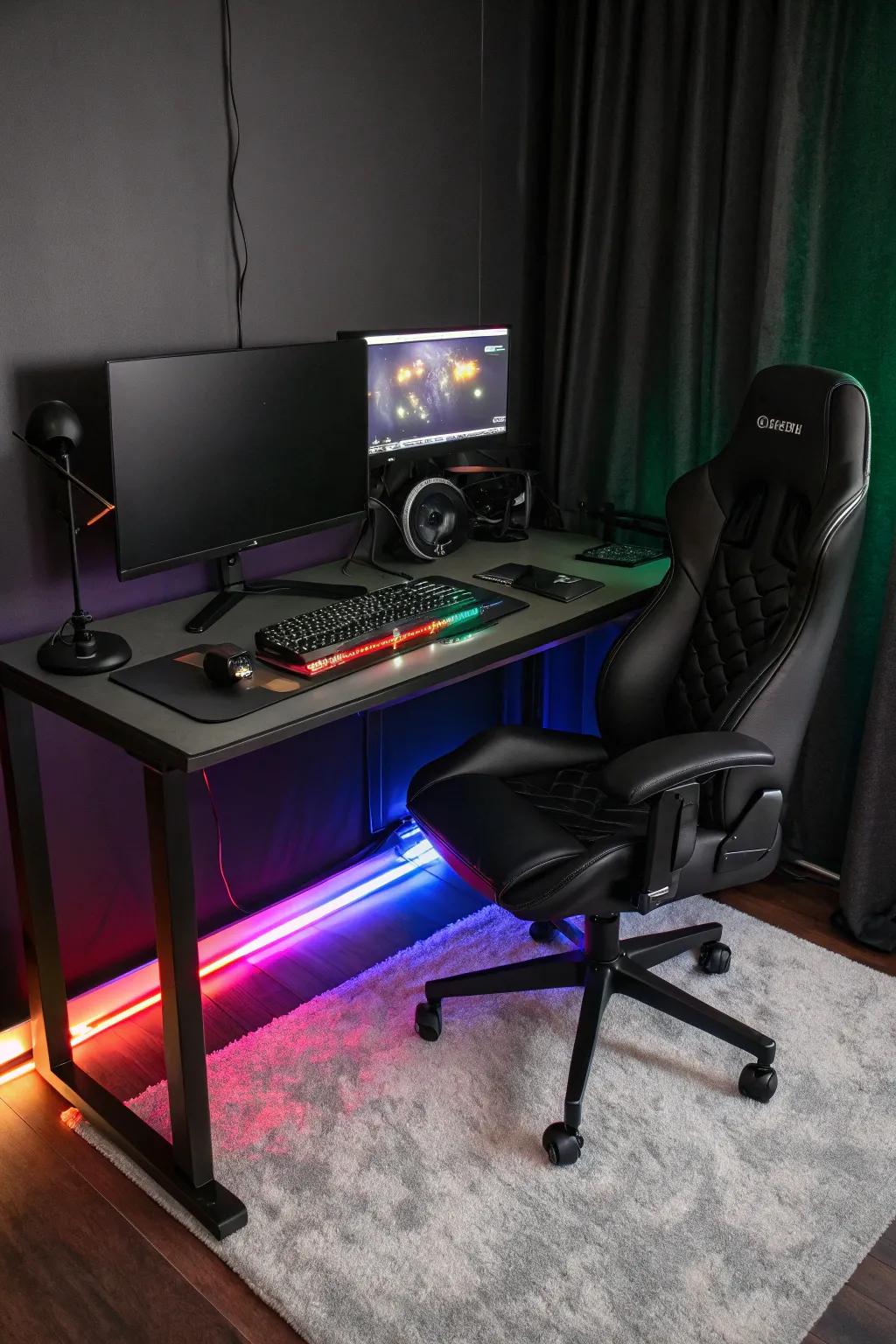 LED strip lights provide customizable lighting for a dynamic gaming environment.