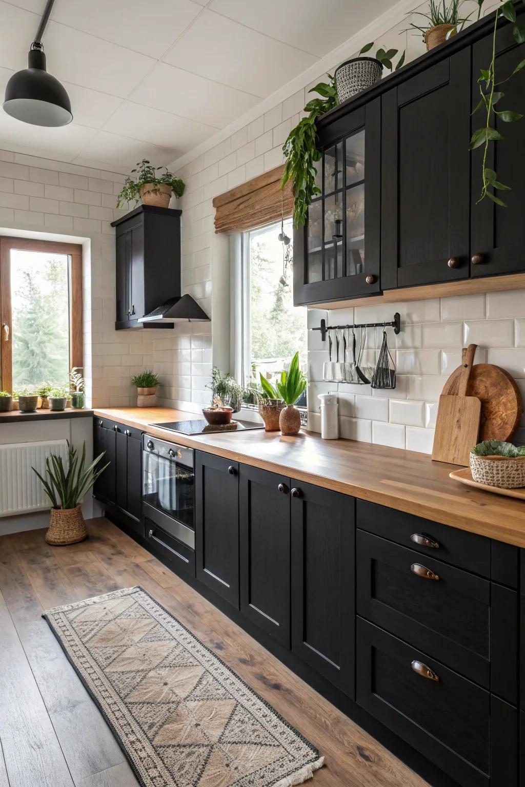 A kitchen showcasing the harmonious blend of black and wood.