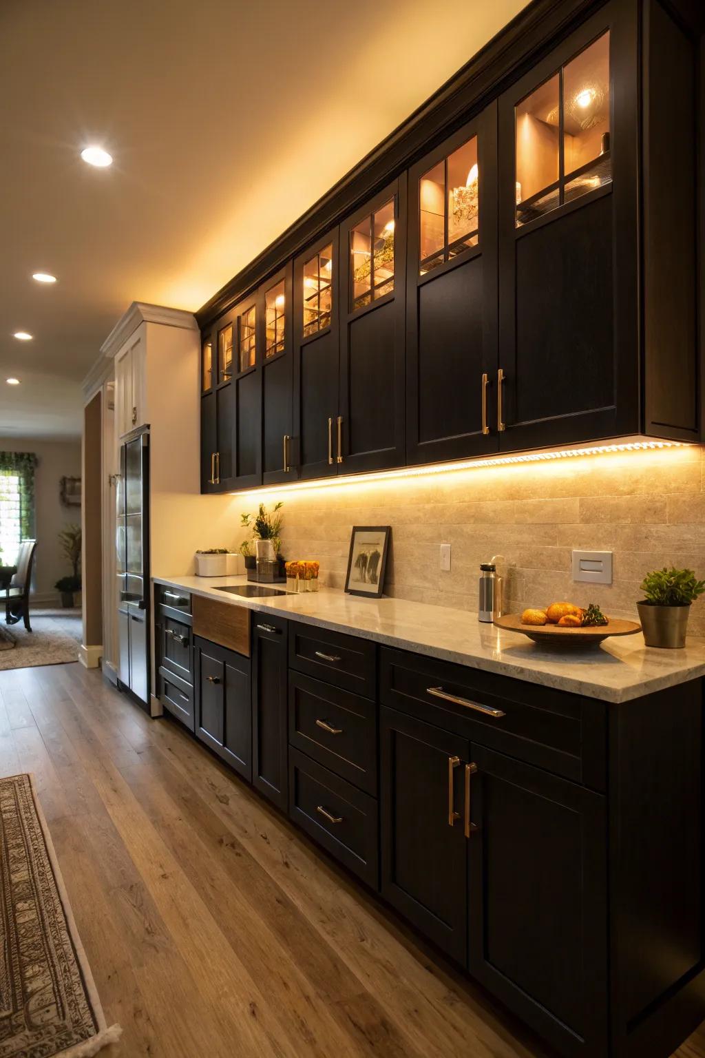 Warm under-cabinet lighting enhancing the elegance of black kitchen cabinets.