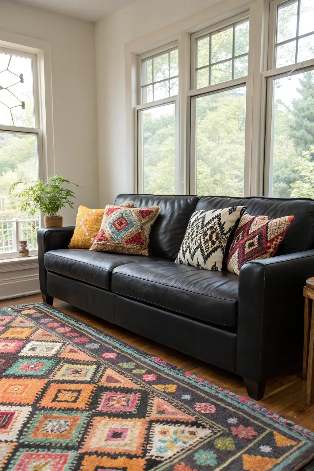 Eclectic patterns bring a lively and dynamic energy to the black leather sofa.