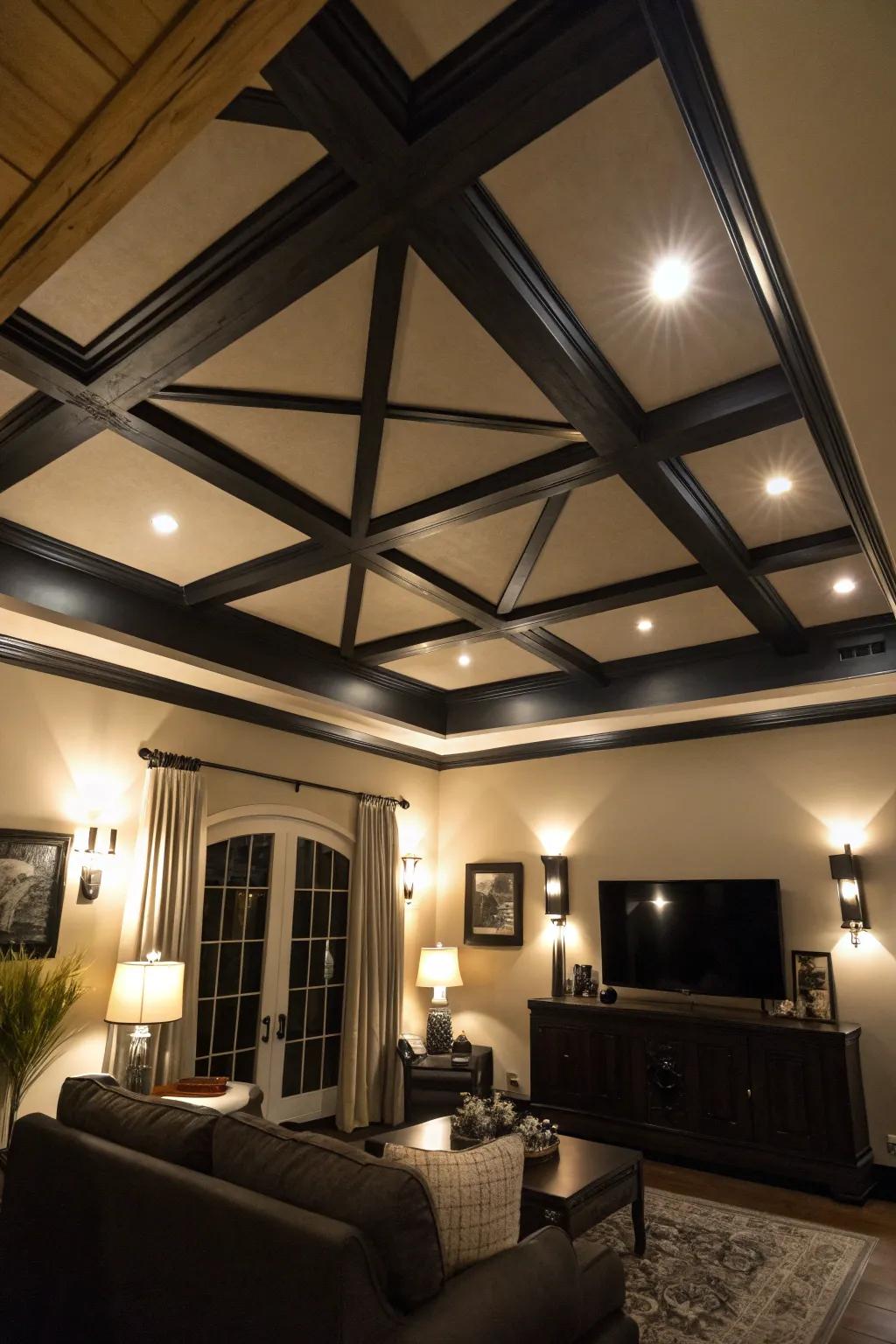 A living room where a black ceiling makes a stunning statement.