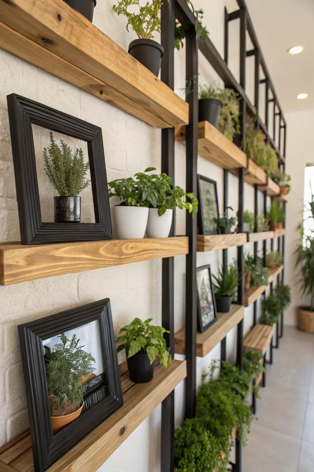 Black frames softened with natural wood shelves and greenery.