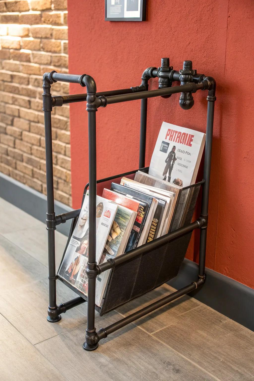 Elevate your reading corner with this striking pipe magazine rack — where style meets functionality.