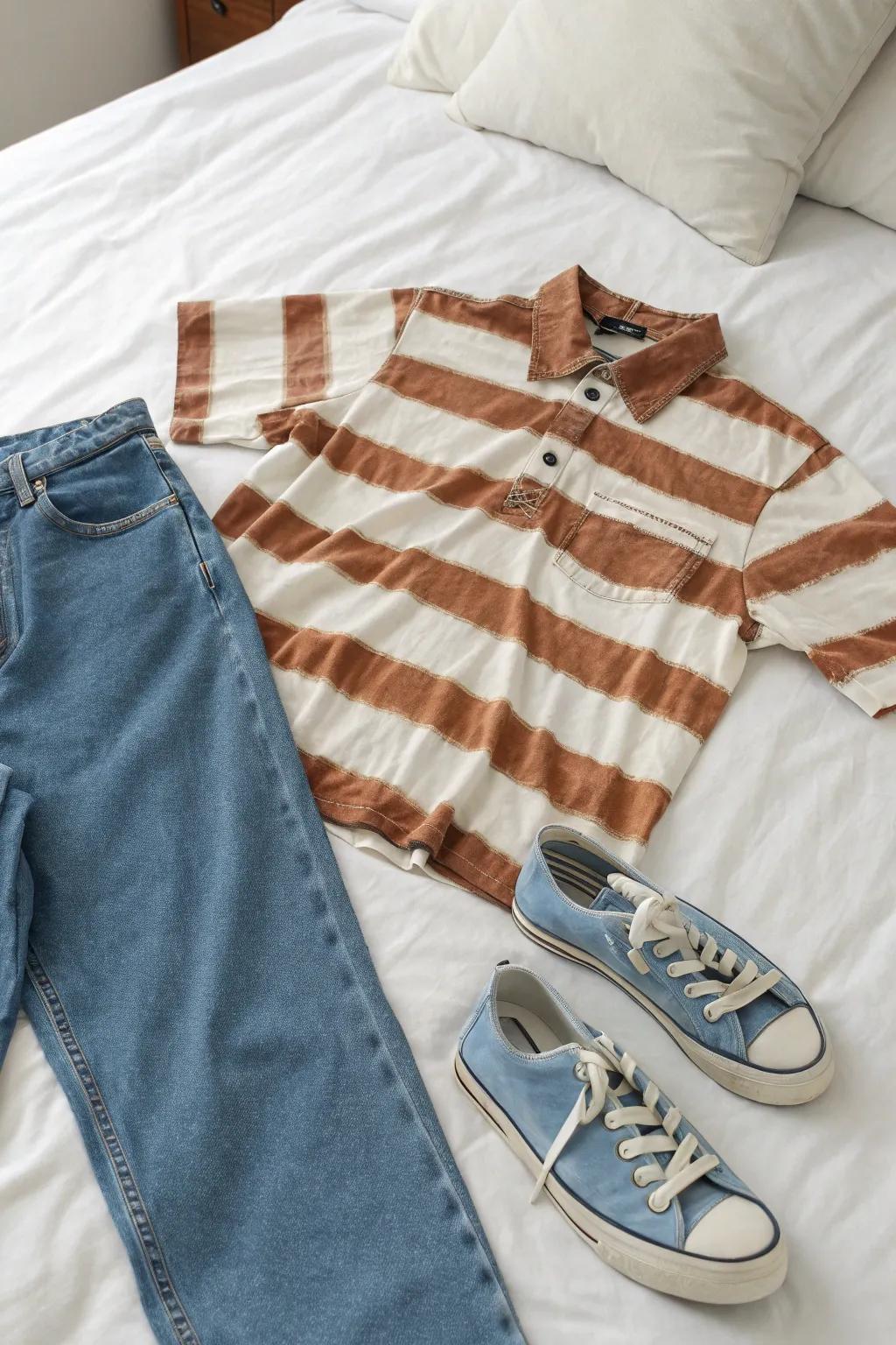 Striped sleeves add a designer touch to basic shirts.